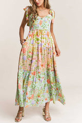 Heididress V Neck Bow Shoulder Tiered Floral Print Maxi Dress