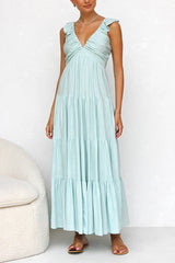 Heididress V Neck Ruffle Trim Tiered Sleeveless Linen Maxi Dress