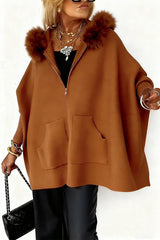 Dolman Sleeves Zipper Up Pocketed Jacket with Faux Fur Hood