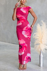 Off the Shoulder Floral Print Bodycon Maxi Dress