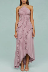 Heididress Strappy Halter Neck Ruffle Trim Asymmetric Hem Pleated Maxi Dress