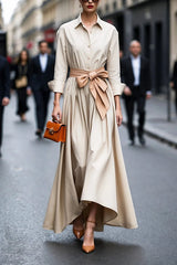 Heididress Long Sleeves Button Up Bow Waist Maxi Dress