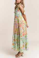 Heididress V Neck Bow Shoulder Tiered Floral Print Maxi Dress