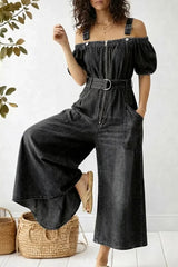 Women's Casual Denim Cotton Jumpsuit With Adjustable Shoulder Straps
