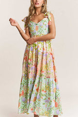 Heididress V Neck Bow Shoulder Tiered Floral Print Maxi Dress
