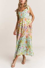 Heididress V Neck Bow Shoulder Tiered Floral Print Maxi Dress