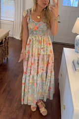 Heididress V Neck Bow Shoulder Tiered Floral Print Maxi Dress