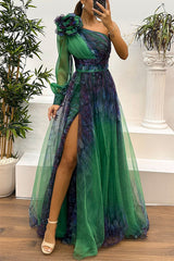 Heididress One Shoulder Long Sleeve Printed Mesh High Slit Maxi Dress