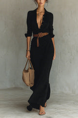 Heididress Lapel Long Sleeves Button Up Maxi Dress With Belt