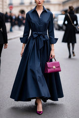 Heididress Long Sleeves Button Up Bow Waist Maxi Dress