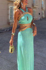 Tie Bow Backless Cut Out Color Block Maxi Dress