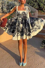 Heididress Bow Shoulder Sleeveless High Waist Floral Print Mini Dress