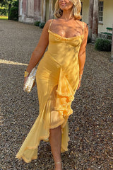 Heididress Spaghetti Strap Mesh Splice Draped Ruffle Maxi Dress