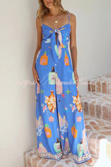 Perfume Bottle Print Strappy Fitted Waist Casual Pocket Wide-Leg Jumpsuit