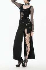 Punk Knitted Top with Mesh Overlay and Shoulder Buckle Details