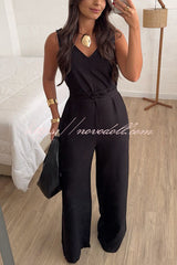 Elaris Linen Blend V-neck Tie-up Waist Pocketed H-line Wide Leg Jumpsuit