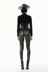 Punk Skeleton Hand Leather Appliqué Embroidered Mock Neck Tee