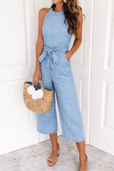 Summer Denim Wide Leg Jumpsuit – Women's Casual Halter Neck Tie Waist Outfit