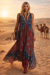 Retro Ethnic Bohemian Print Chiffon Sleeveless Maxi Dress