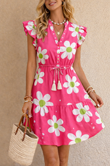 Women’s Pink Print Mini Dress – V Neck Ruffle Sleeve Drawstring Waist Summer Vacation Dress