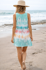 Tie Dye Tank Dress for Women – Elastic Waist Drawstring Summer Beach Mini Dress