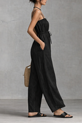 Strappy Cinched Waist Wide Leg Jumpsuit – Flowy Linen Summer One Piece