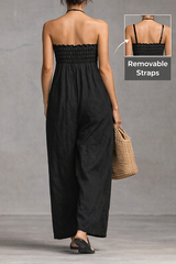 Strapless Linen Wide-Leg Jumpsuit with Removable Straps & Smocked Bodice