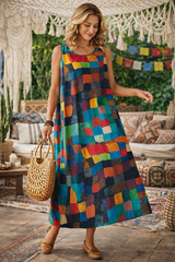 Boho Patchwork Maxi Dress for Women – Loose Fit Sleeveless Summer Vacation Dress