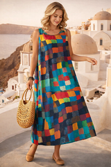 Boho Patchwork Maxi Dress for Women – Loose Fit Sleeveless Summer Vacation Dress