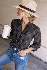 Vintage Plaid Ruffle Blouse – Western Style Button Down Shirt for Women