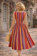 Retro Stripe Sleeveless Midi Dress