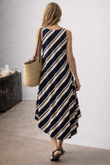 Women's Navy Striped Sleeveless Midi Dress – Casual Summer A-Line Loose Fit Vacation Dress