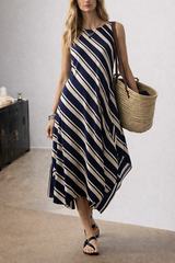 Women's Navy Striped Sleeveless Midi Dress – Casual Summer A-Line Loose Fit Vacation Dress