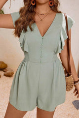 Ruffle Sleeve V-Neck Buttoned Romper