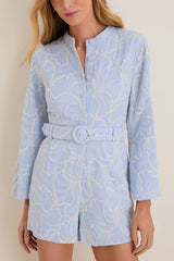 Floral Embroidered Button-Front Belted Romper