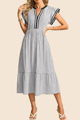 Women's Striped V-Neck Flutter Sleeve Long Dress