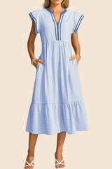 Women's Striped V-Neck Flutter Sleeve Long Dress