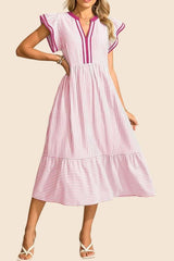 Women's Striped V-Neck Flutter Sleeve Long Dress