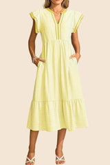 Women's Striped V-Neck Flutter Sleeve Long Dress