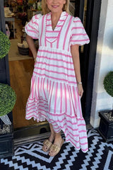 Women's Short Bubble Sleeve Striped Dress With Pockets