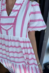 Women's Short Bubble Sleeve Striped Dress With Pockets