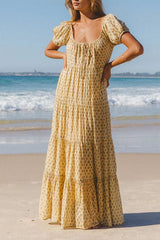Yellow Floral Square-Neck Dress with Puffed Sleeves