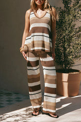Brown & White Striped Sleeveless V‑Neck Top High Waist Wide Leg Pants Set
