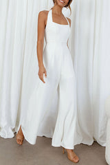 White Halter Neck Wide-Leg Jumpsuit