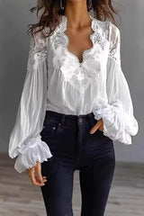 Lace Trim Blouse with Lantern Sleeves