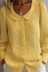 Puff-Sleeve Blouse with 3D Floral Embroidery