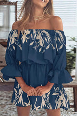 Off-Shoulder Floral Print Dress with Flared Sleeves - Elegant Midi Dress for Spring and Summer
