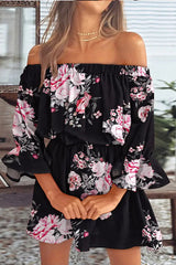 Off-Shoulder Floral Print Dress with Flared Sleeves - Elegant Midi Dress for Spring and Summer