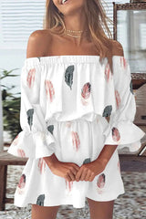 Off-Shoulder Floral Print Dress with Flared Sleeves - Elegant Midi Dress for Spring and Summer
