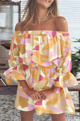 Off-Shoulder Floral Print Dress with Flared Sleeves - Elegant Midi Dress for Spring and Summer
